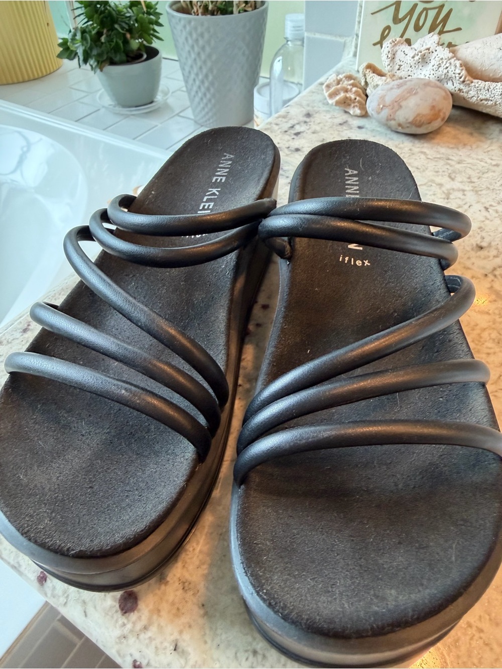Anne Klein Black Multi-Strap Slide Sandals